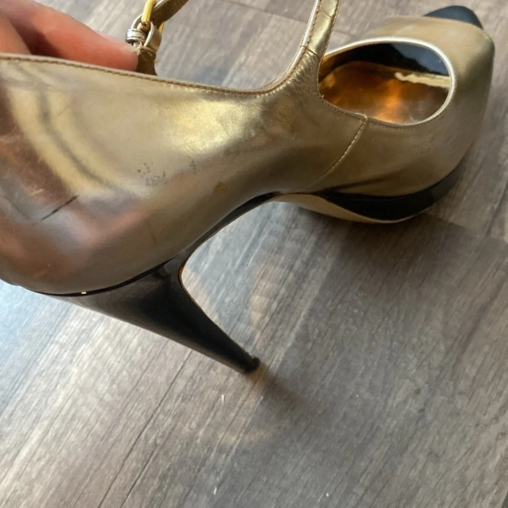 Miu Miu Platform Heels Gold Black Peep Toe